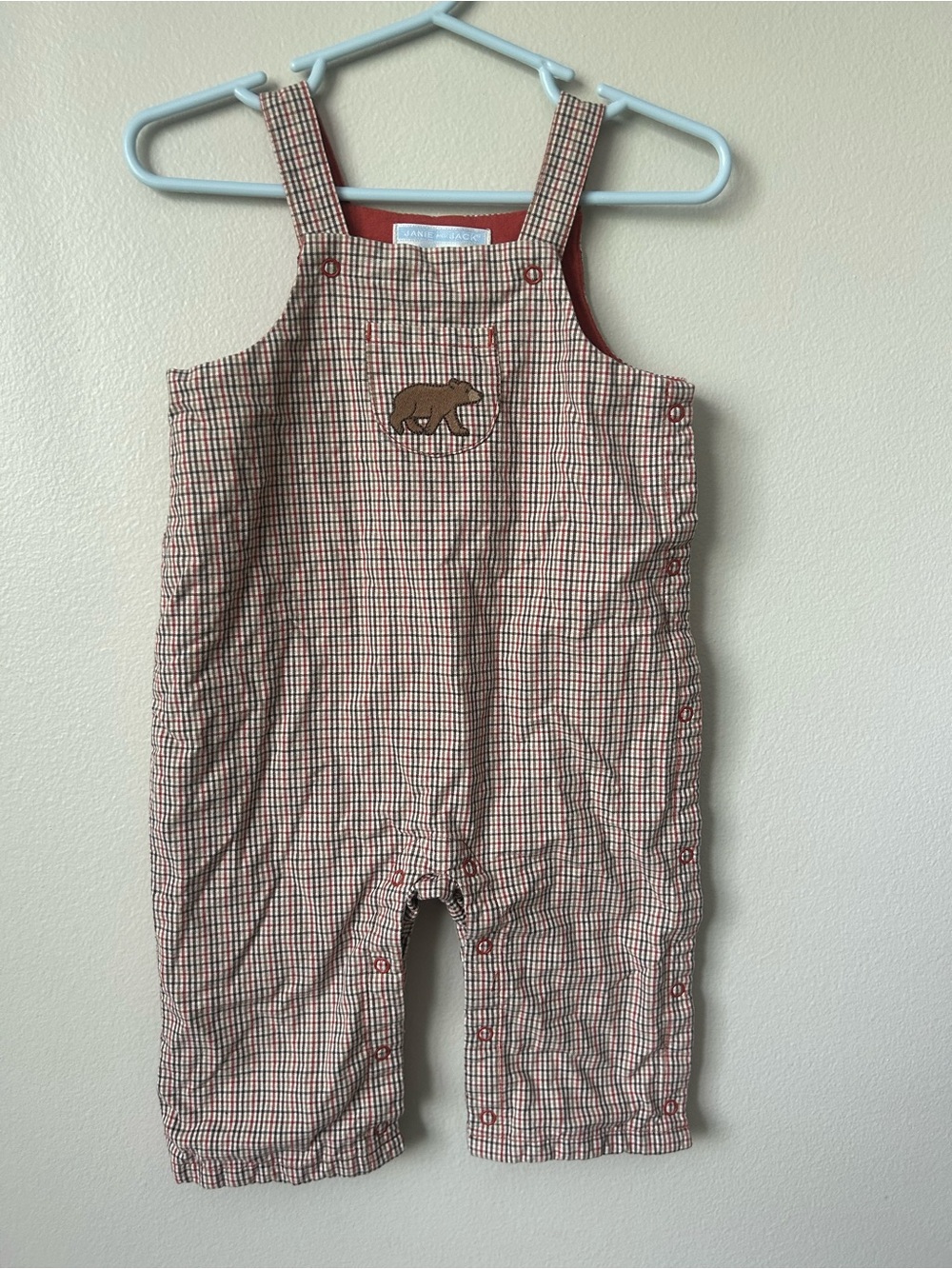 Janie and Jack layette 3-6 month Red and Brown Plaid Overalls with Bear Accent d